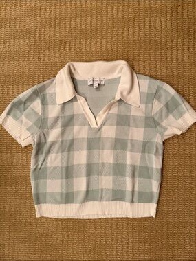 Central Park west - Collared Check Knit Crop Top - Cream & Sage